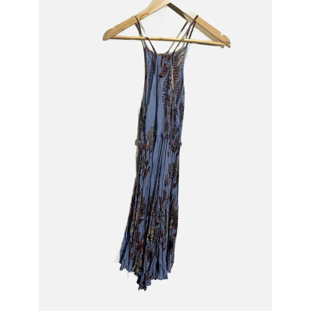 Free People Midi Dress Womens Small Blue Floral Smocked‎ Boho Summer